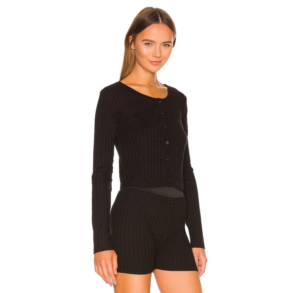 Revolve Plush T14J02BK Ribbed Knit Cardigan Sweater Long Sleeve Black Size L NWT